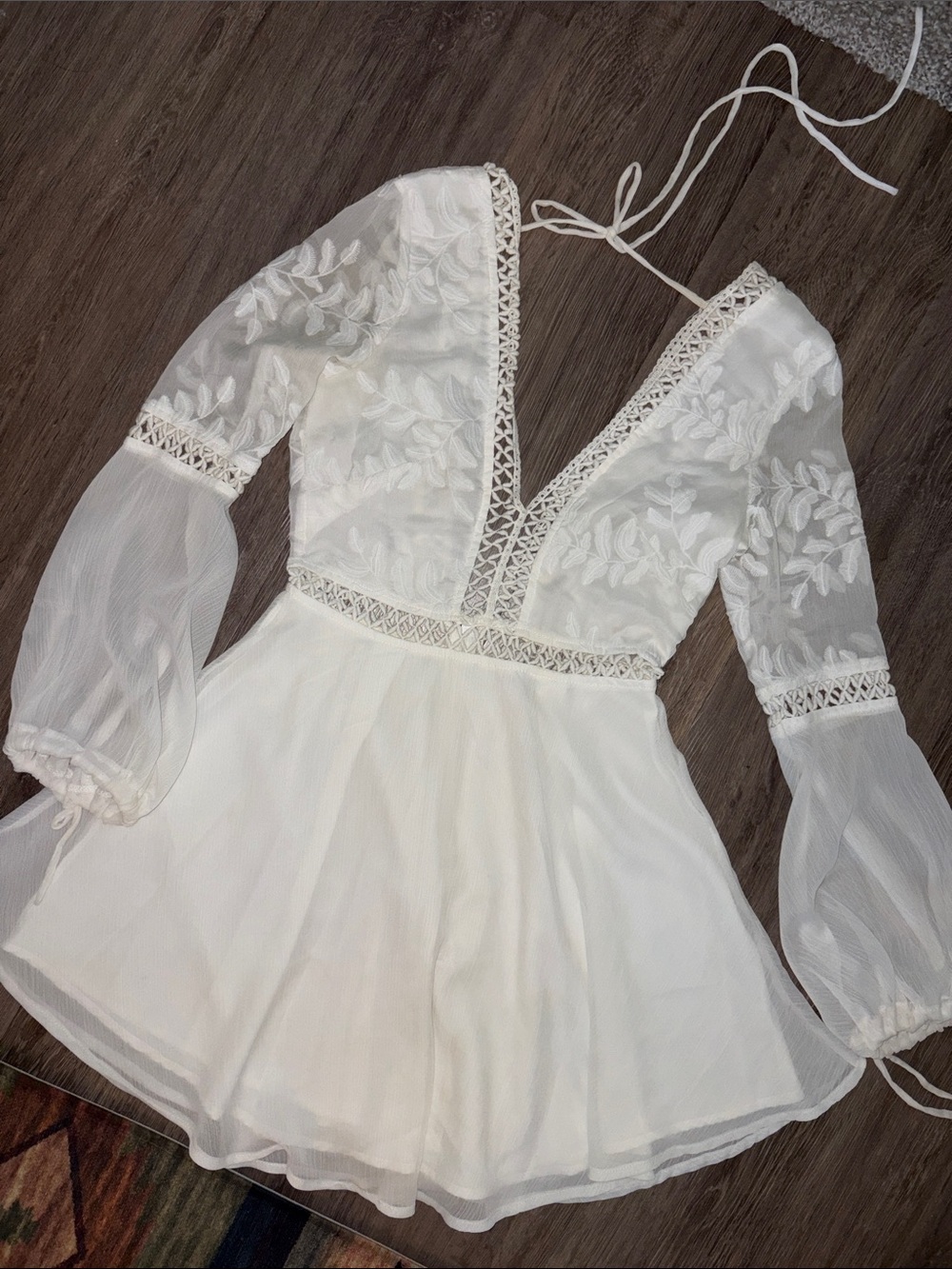 Hello Molly White Embroidered V-Neck Long Sleeve Mini Dress